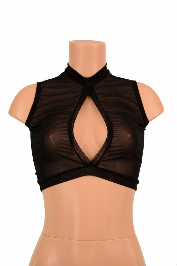 Black Mesh See Through Transparent Sheer Sleeveless Keyhole Crop