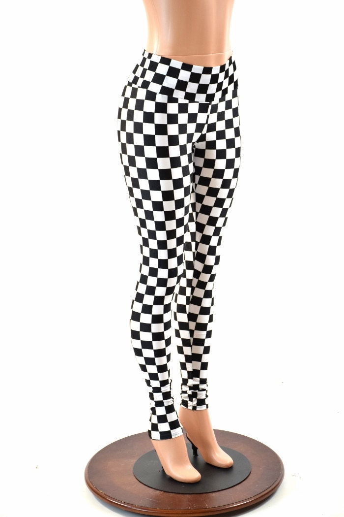 Black & White Checkered Print UV Glow High Waist Leggings for Neon Run or  Yoga 152350 