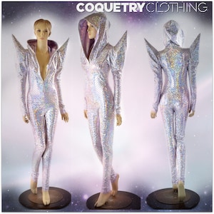 Pink Mermaid Scale Long Sleeve MEGA Sharp Shoulder Zipper Front Catsuit with Lilac Lined Hood Festival Jumpsuit Burning Man 152296