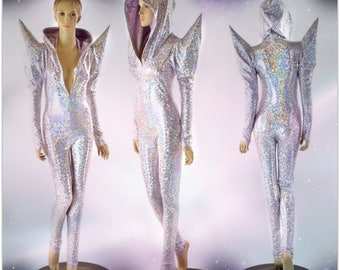 Pink Mermaid Scale Long Sleeve MEGA Sharp Shoulder Zipper Front Catsuit with Lilac Lined Hood Festival Jumpsuit Burning Man 152296