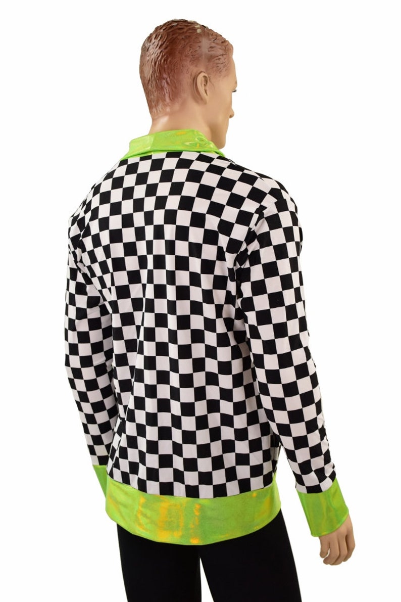 Men's Black & White Checkered Not a Cardigan with Pockets and Lime Holographic Trim and Cuffs 156885 image 3