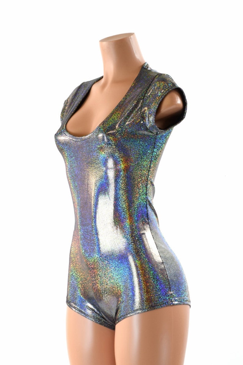 Silver Holographic Cap Sleeve Romper with Scoop Neckline and Boy Cut Leg 152192 image 4