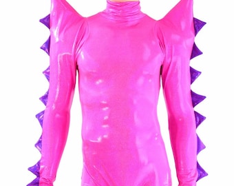 Neon Pink Holographic Mega Sharp Shoulder Long Grape Holographic Spiked Sleeve High Turtle Neck Romper w/Back Zipper Party Animal -
