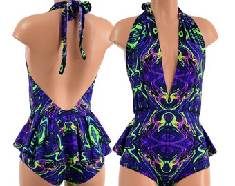 Josie Ruffle Rump Romper in UV Glow Neon Melt Print -15810169
