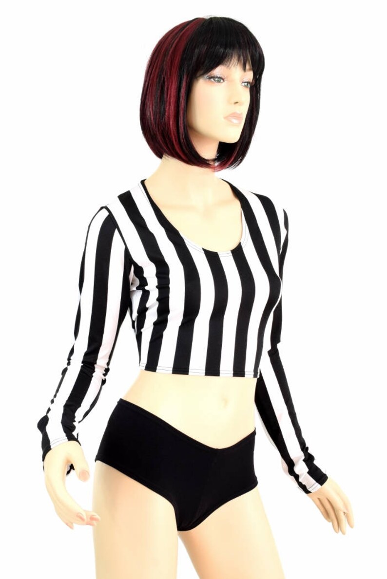 Long Sleeve Referee Black & White Stripe Print Long Sleeve Crop Top Jail Bird Inmate 151211 image 3