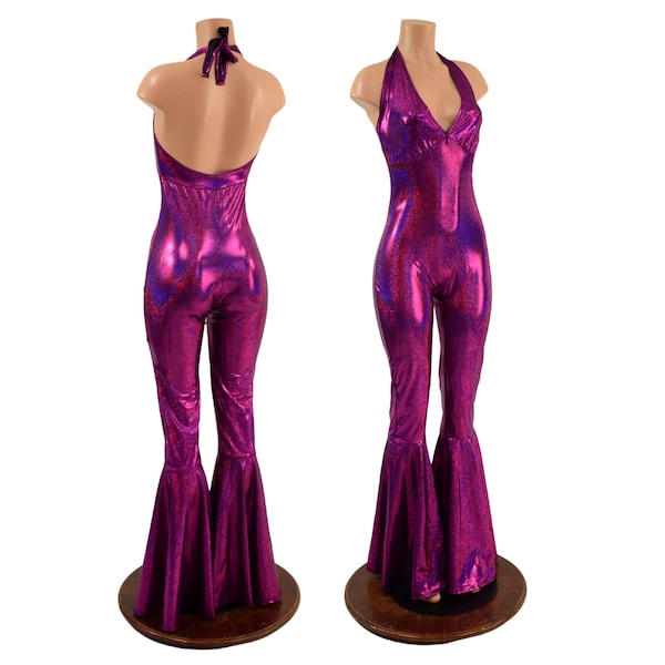 Fuchsia Sparkly Jewel Halter Catsuit with Bell Bottom Flares -  1579191