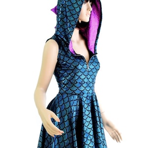 Turquoise Dragon/Mermaid Scale Sleeveless Zipper Front Skater Dress with Purple Fish Scale Hood Lining & Spikes Festival Rave 154411