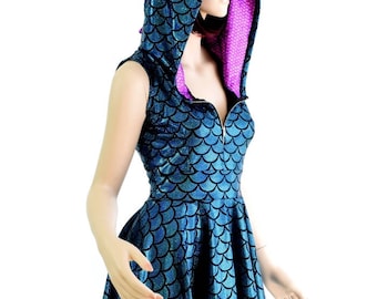Turquoise Dragon/Mermaid Scale Sleeveless Zipper Front Skater Dress with Purple Fish Scale Hood Lining & Spikes Festival Rave