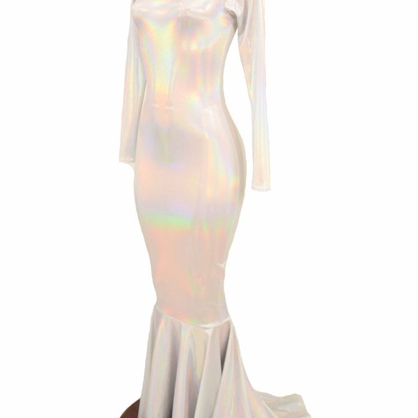 Flashbulb Holographic Gown with Crew Neckline, Long Sleeves and Puddle Train - 155518