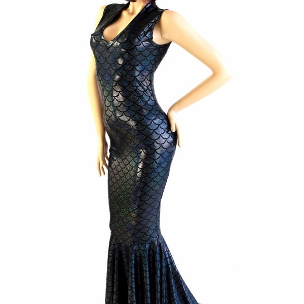 Black Dragon Scale Deep V-Neck Sleeveless Spandex Gown with  Puddle Train  150785