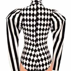 Black and White Diamond Print High Turtle Neck Back Zipper Siren Cut Romper with Black and White Stripe Puffed Victoria Sleeves 155271 image 5