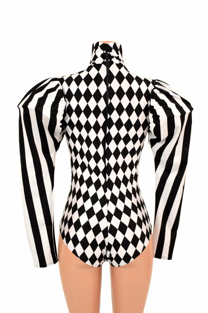 Black and White Diamond Print High Turtle Neck Back Zipper Siren Cut Romper with Black and White Stripe Puffed Victoria Sleeves 155271 image 5