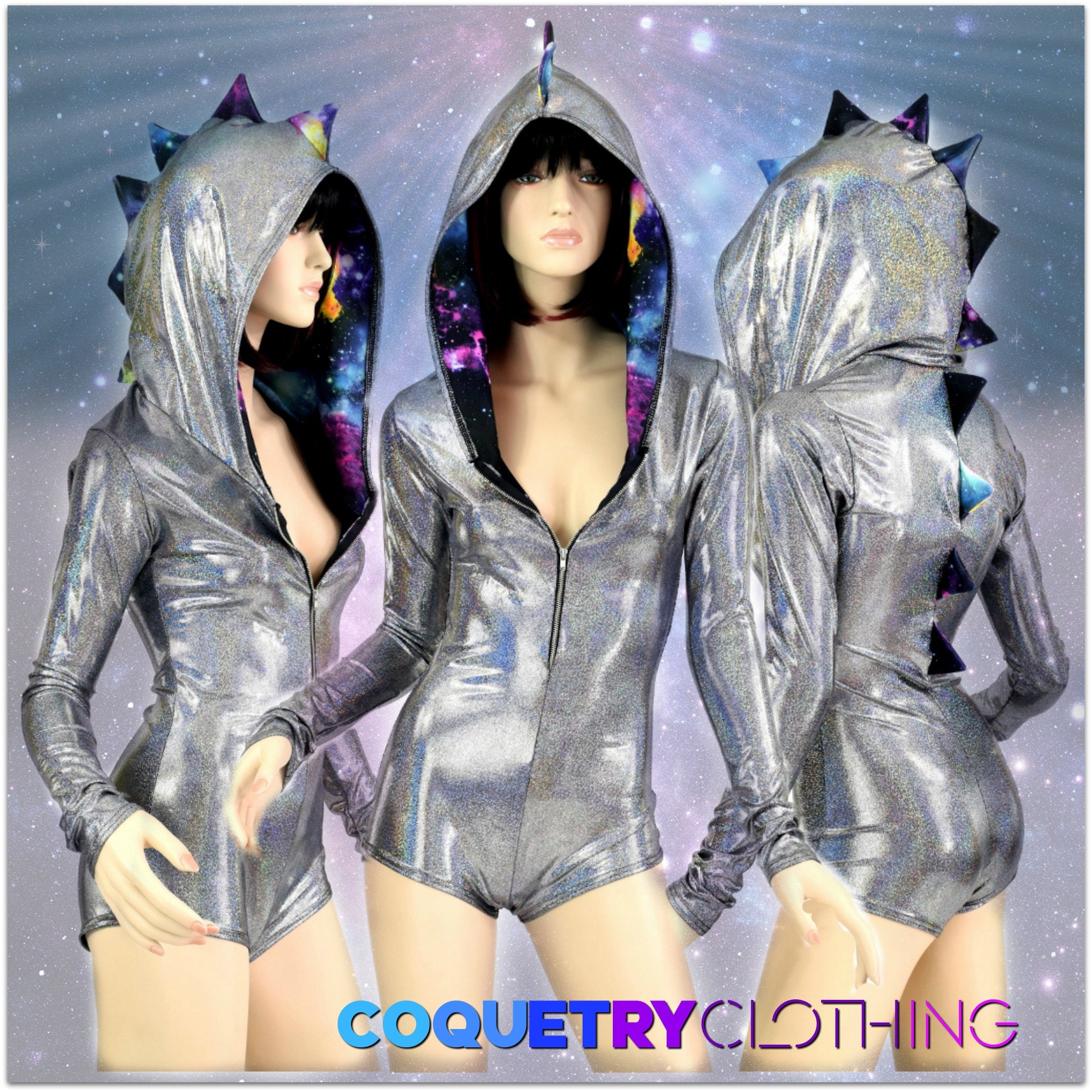 Silver Holographic Long Sleeve Dragon Romper With Front Zipper, UV GLOW  Galaxy Spikes & Hood Liner - Etsy