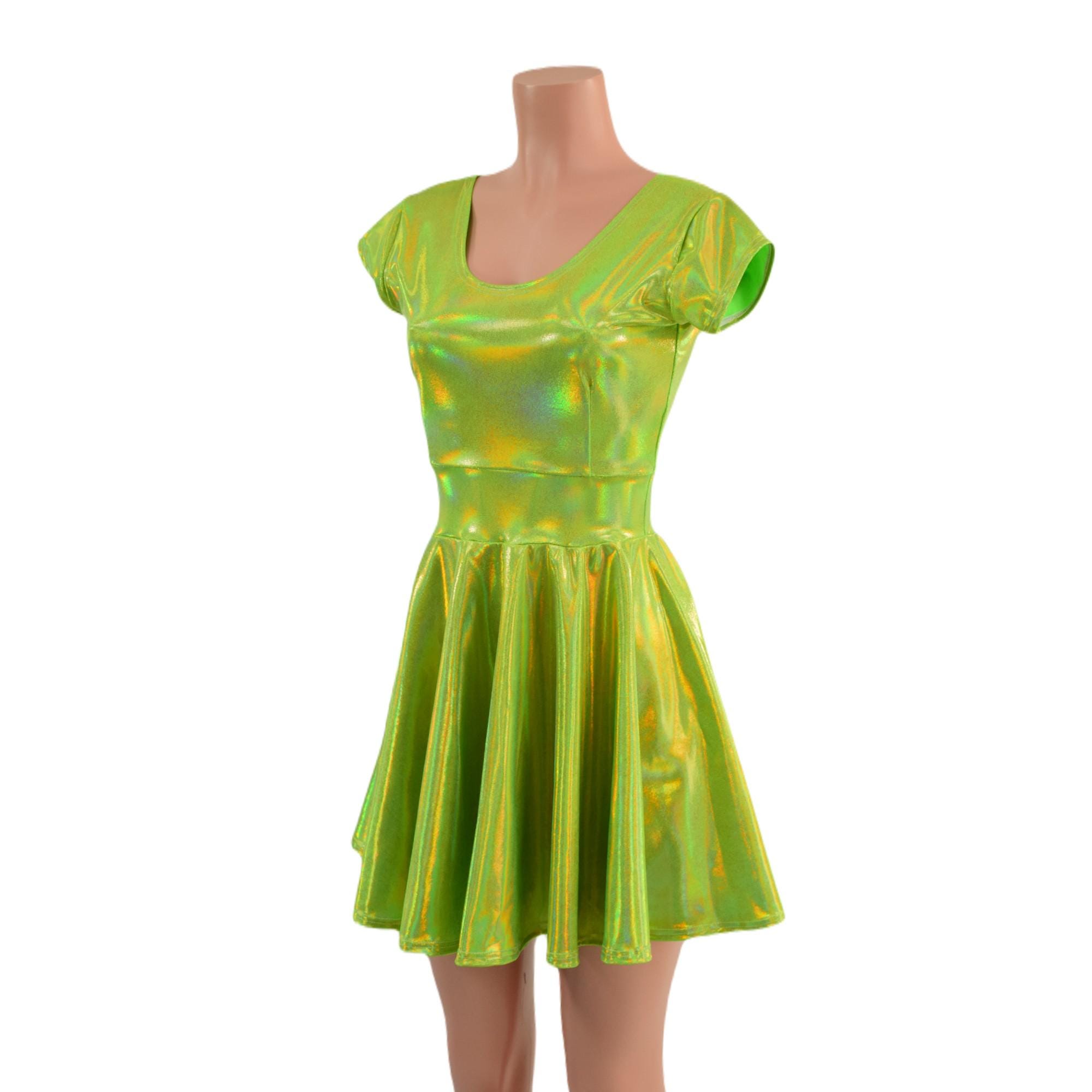 Lime Green Holographic Scoop Neck Cap Sleeve Skater Dress - - Etsy Lime Green Holographic Scoop Neck Cap Sleeve Skater Dress - - Etsy