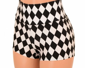 Black & White Diamond Print High Waist Shorts  153928