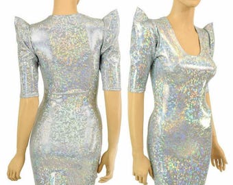 Frostbite Shattered Glass Holographic Sharp Shoulder Half Sleeve Scoop Neck Dress Futuristic Mod Party Dress - 155005