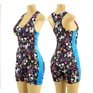 Womens Racerback Singlet in Unicorns and Rainbows with 4&quot; inseam and Peacock Holographic Side Panels 85699