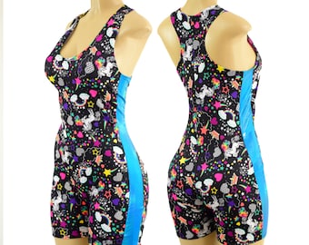 Womens Racerback Singlet in Unicorns and Rainbows with 4" inseam and Peacock Holographic Side Panels
