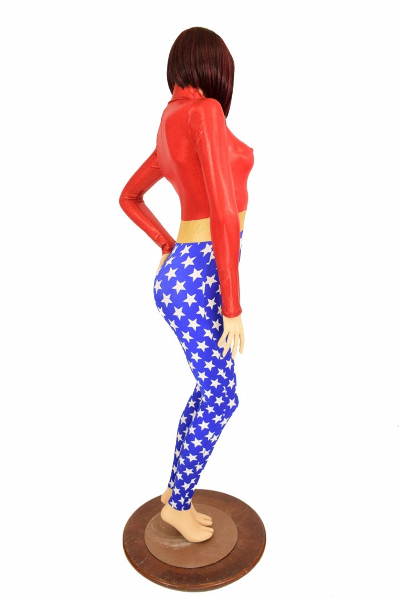 156285 Wonder Woman Inspired Turtle Neck Front Zipper Long Sleeve Catsuit in Blue /& White Star Gold SJ Waistband Red Top