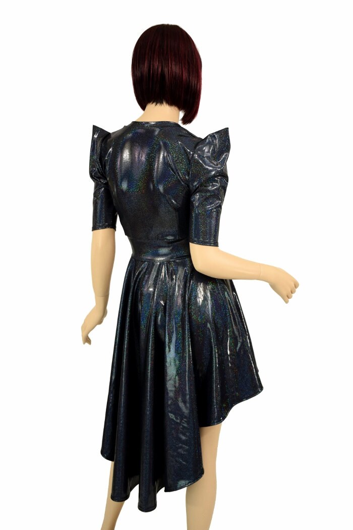 新作ウエア Holographic Black Square Shoulder Sharp Sleeve Half Neckline トリートメント
