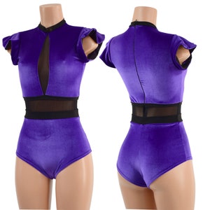 Purple velvet siren romper with Inset keyhole neckline and mesh waist panel / Flip sleeves and back zipper// All trim in black mesh - 157949