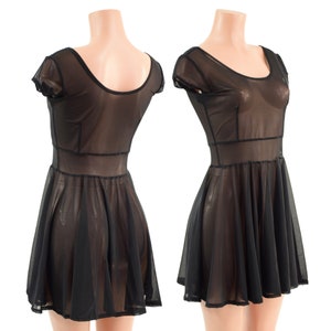 Sheer Black Mesh See Through Skater Dress with Scoop Neck and Cap Sleeves 158058