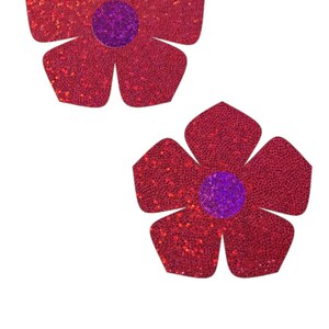 Red Sparkly Jewel Buttercup Pasties with Fuchsia Disks Body Stickers Flower Rave Festival Holographic