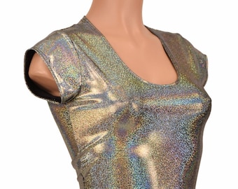 Silver Holographic Cap Sleeve Crop Top with Scoop Neckline -