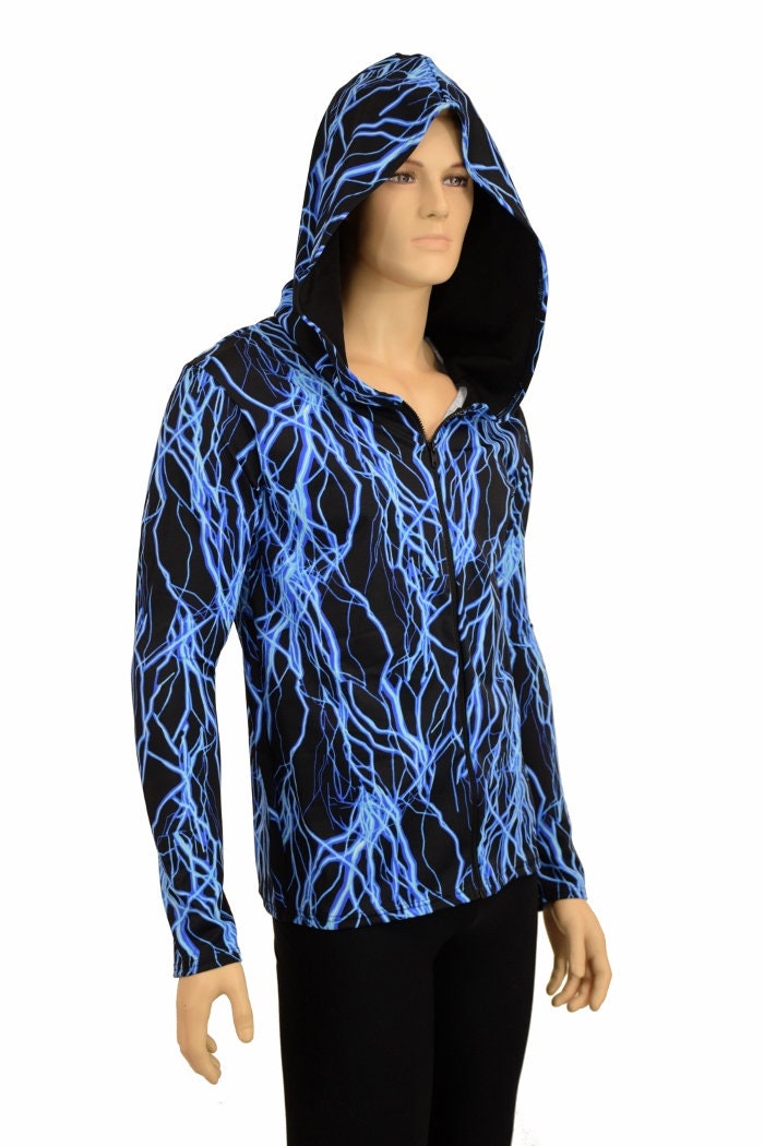 Mens Long Sleeve Hoodie With Zipper Front in Neon Blue Lightning W