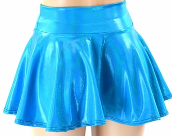 Peacock Blue Holographic Metallic Circle Cut Mini Skirt  151718