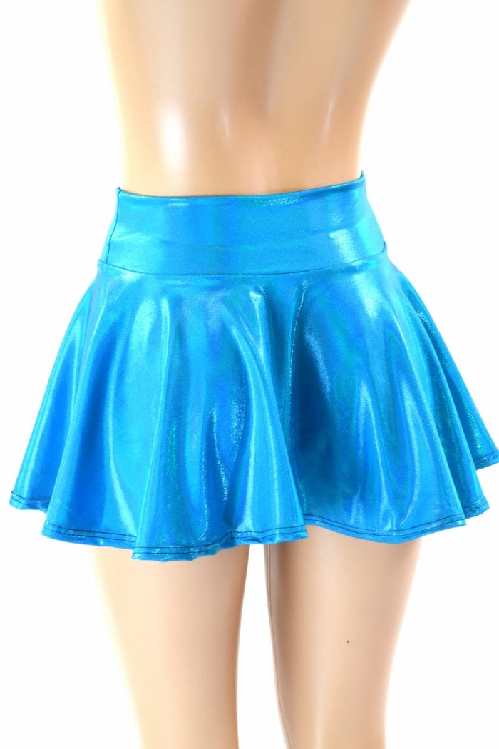 Peacock Blue Holographic Metallic Circle Cut Mini Skirt