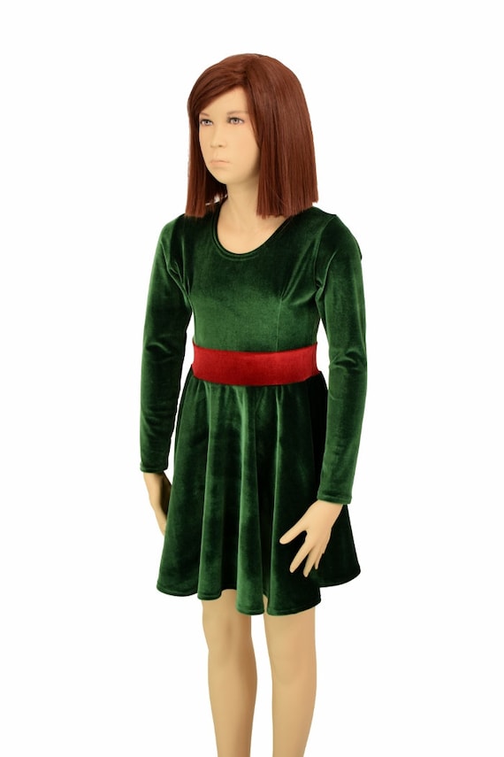 Girls Green Stretch Velvet Long Sleeve Skater Dress With Red Velvet  Waistband - - Etsy New Zealand