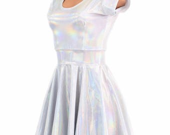 Flashbulb Holographic Cap Sleeve Skater Dress with Scoop Neckline -E7720