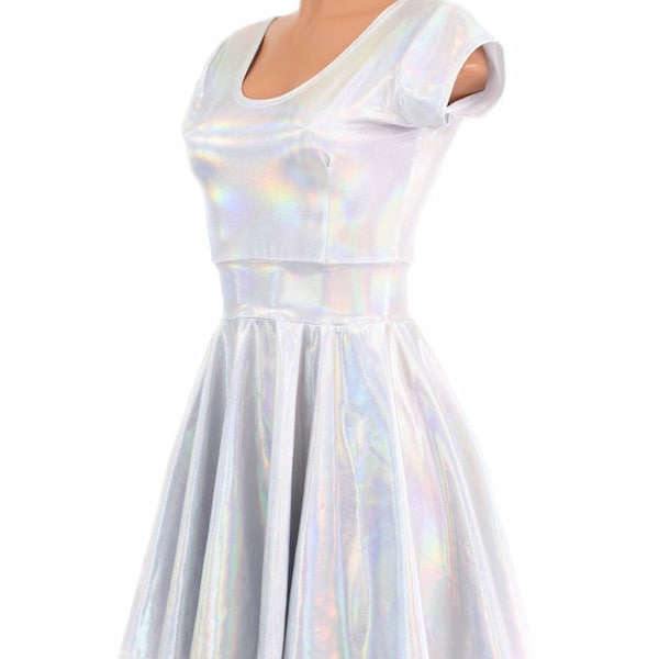 Flashbulb Holographic Cap Sleeve Skater Dress with Scoop Neckline -E7720