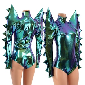 Scarab Holographic Romper with Turtleneck, Back Zipper, Mega Sharp Shoulder Long Sleeves with Spikes on Sleeves, SIREN Cut Leg 1579144