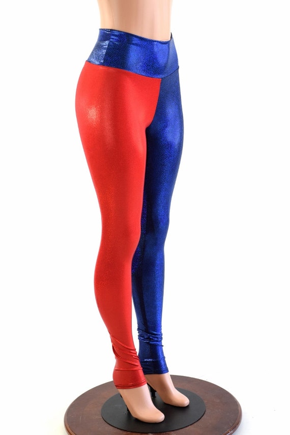 Red & Blue Metallic Harlequin High Waist Spandex Leggings Harley Quinn  Cosplay 152116 