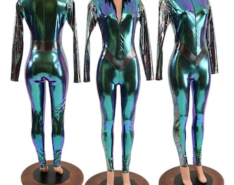 May include: A full-length iridescent jumpsuit with a zipper closure and long sleeves. The jumpsuit is a vibrant green and blue color with a metallic sheen.