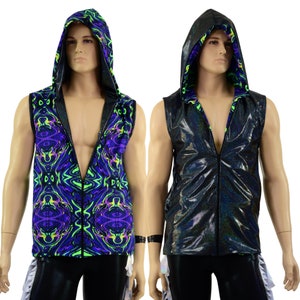 Mens Sleeveless Hooded Vest in Black Holographic, Fully Lined in Neon Melt, w/ Separating Zipper and Pockets on outside 15810221
