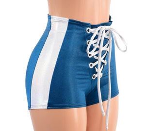 High Waist Sailor Shorts in Blue Nile, with Flashbulb Side Panels, and Front Laceup with Flashbulb Ties 158065