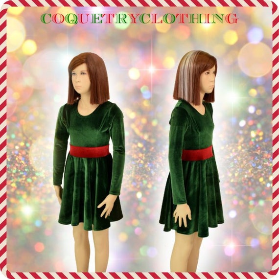 Girls Green Stretch Velvet Long Sleeve Skater Dress with Red Velvet Waistband -