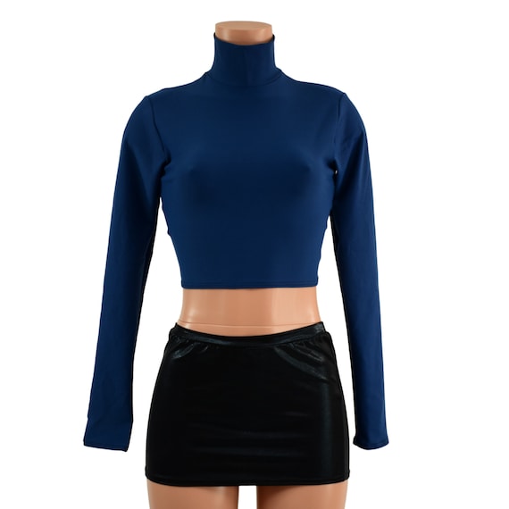 Poseidon Blue Zen Turtleneck Crop Top With Long Sleeves 157878 Etsy Canada