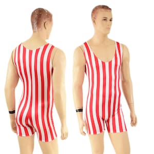 May include: A vintage-style, one-piece swimsuit with vertical red and white stripes. The swimsuit has a scoop neck and short legs. The image shows the swimsuit on a mannequin from the front and back.