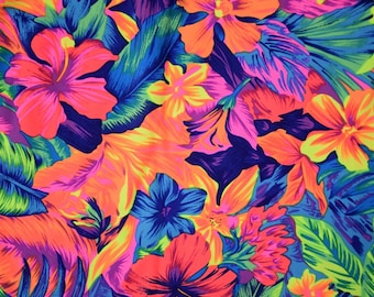 Neon UV Glow Tahitian Floral Print Four Way Stretch Spandex Fabric (By the Yard)