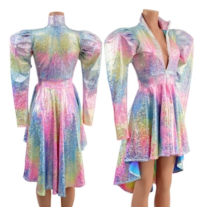 Rainbow Shattered Glass Holographic Hi Lo Skater Dress with Victoria Sleeves and Turtleneck Fully Separating Front Breakaway Zipper 15810162