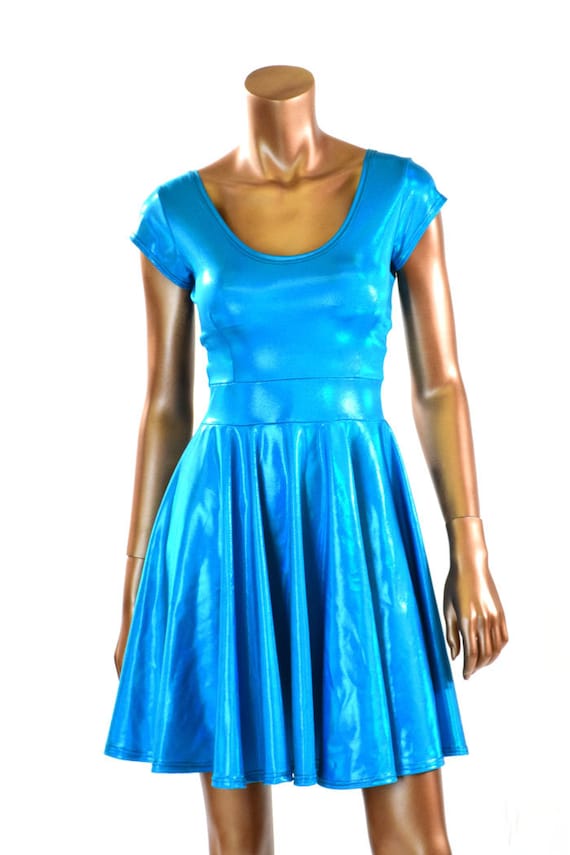 Peacock Blue Holographic Scoop Neck Cap Sleeve Fit and Flare Skater Dress -  - Etsy
