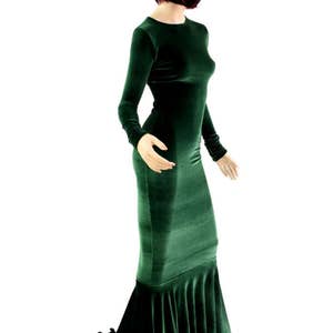 Bewitching Long, Forest Green Velvet Gown with Crew Neckline, Long Sleeves and Puddle Train 154345 image 4