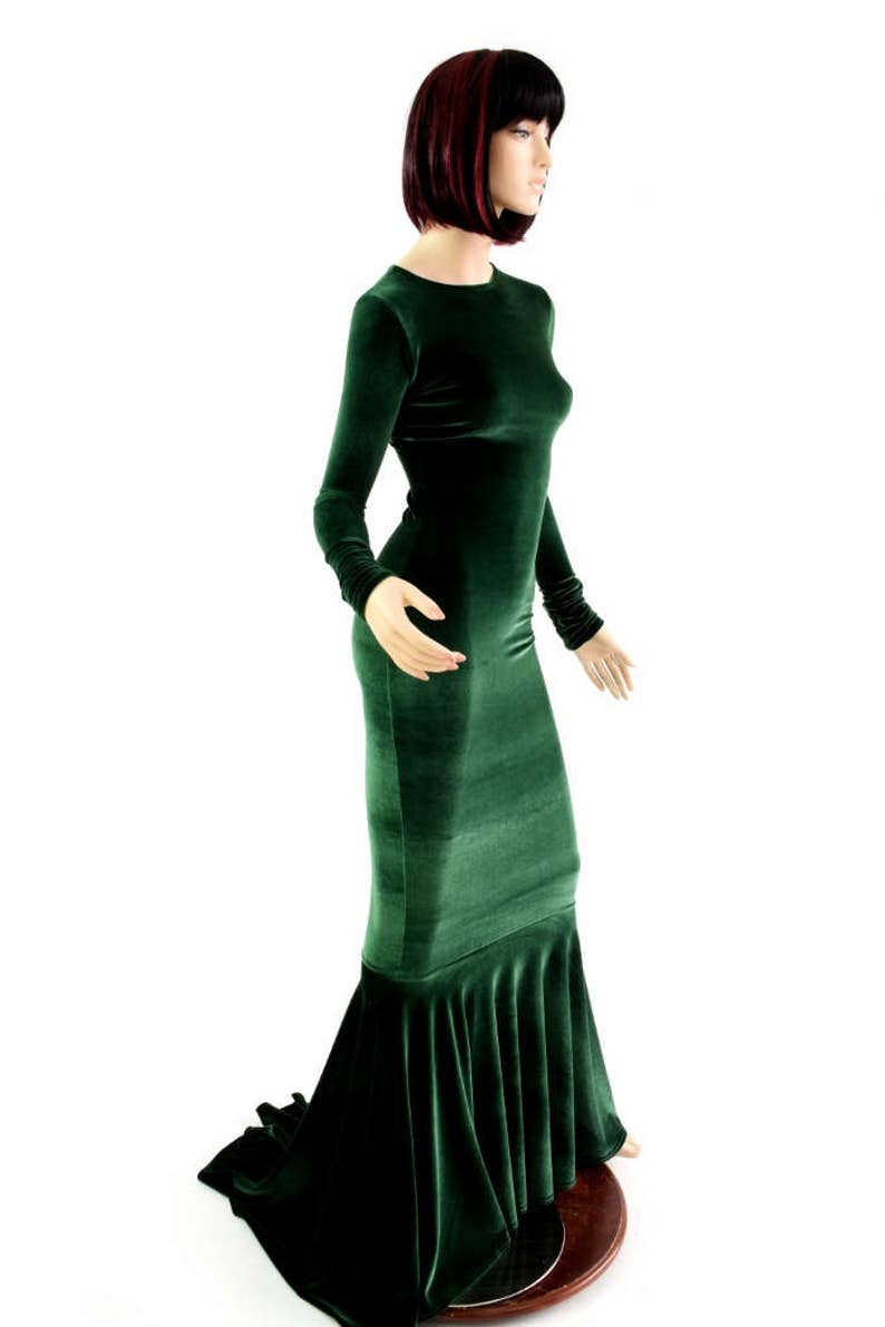 Bewitching Long, Forest Green Velvet Gown with Crew Neckline, Long Sleeves and Puddle Train 154345 image 4