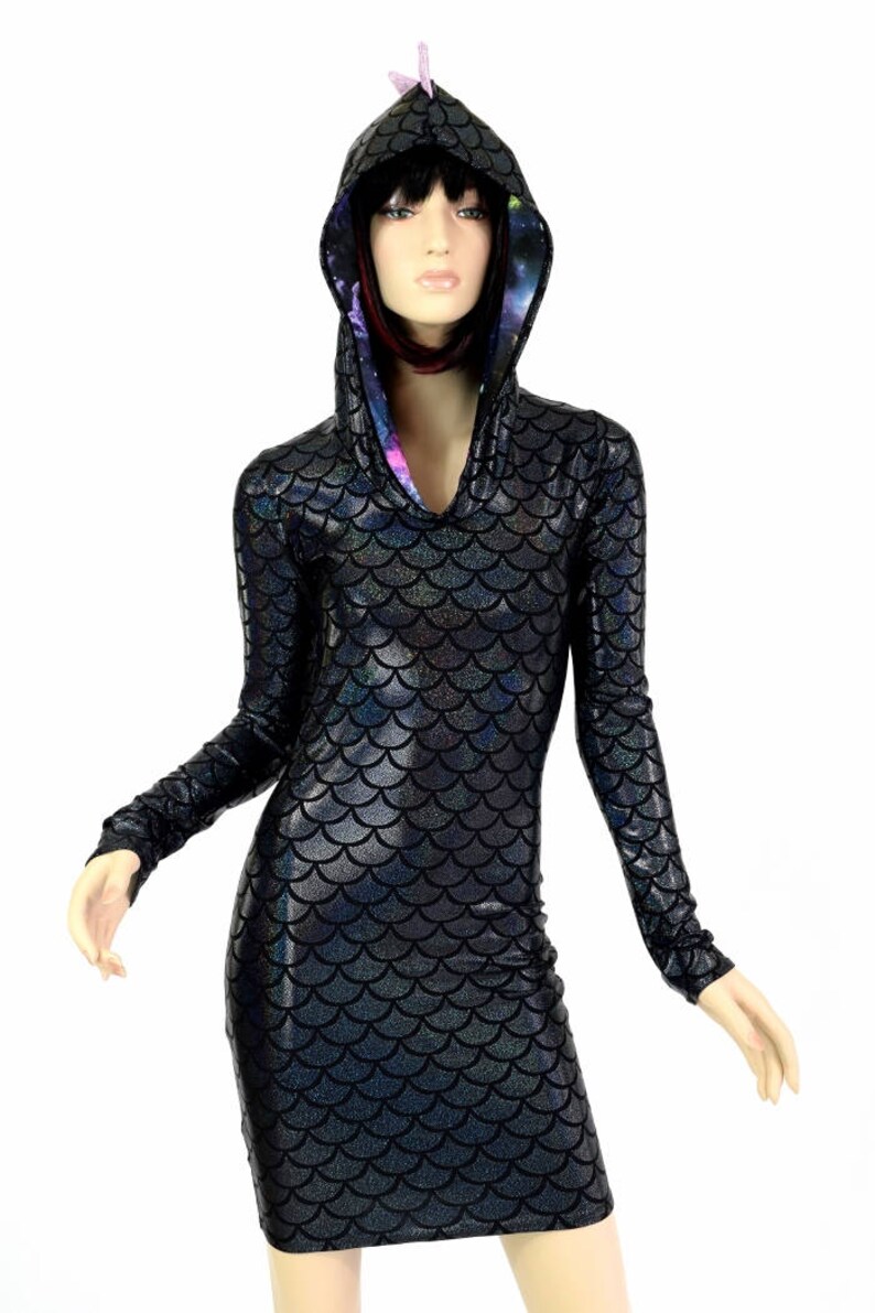 Black Scale Dragon Bodycon Hoodie DRESS With Long Sleeves & Etsy