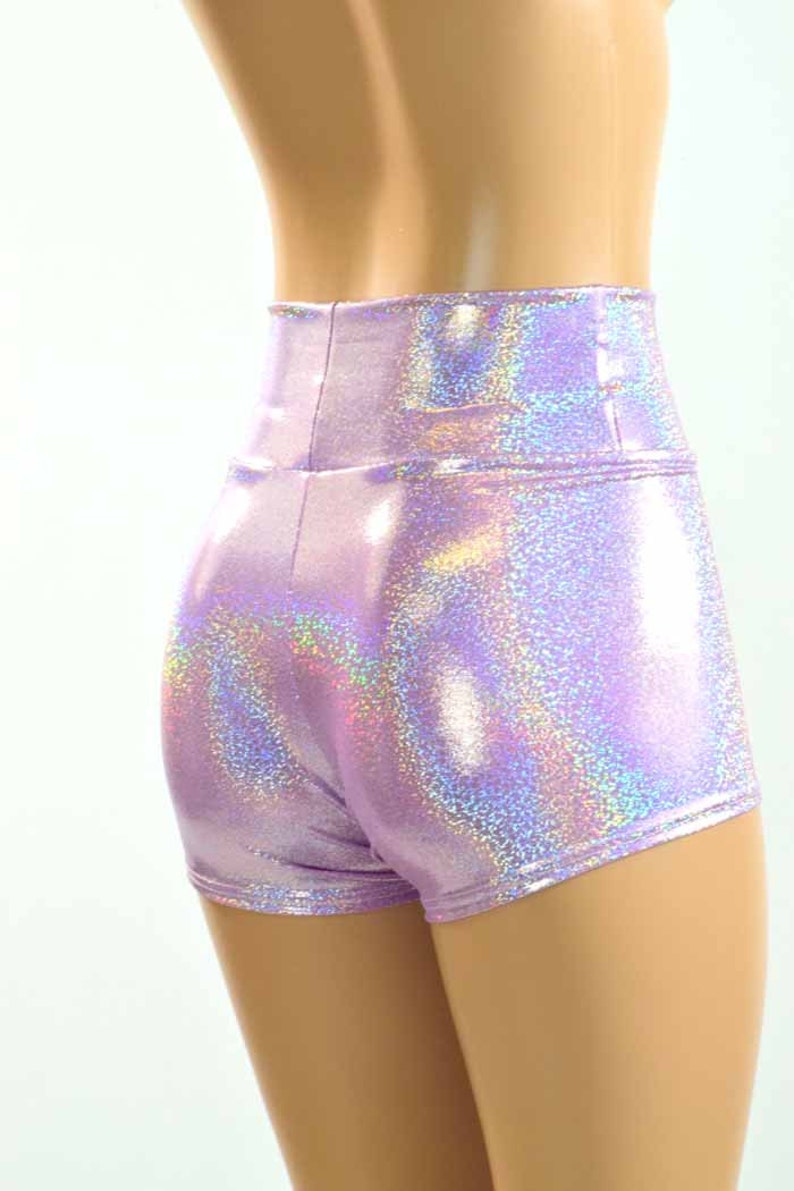 High Waist Shorts in Lilac Holographic Spandex 150951 image 2