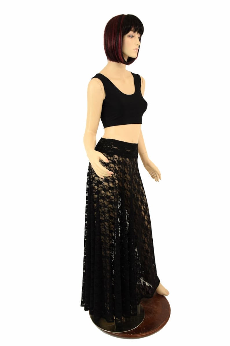 Black Lace Long Maxi Skirt Sheer See Through Transparent 155208